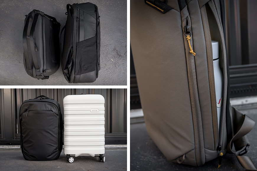 Another look at the sizing of the Weekender 25L and Travel Backpack 2-in-1, along with the internal bottle pocket featured on the Travel Backpack 20L.