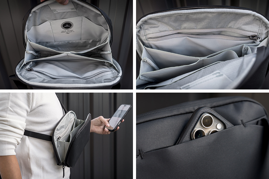 Origami-inspired internal organisation, multiple pockets and zippered compartments help keep everything in its place. It also stays upright against your body and includes an external magnetic phone pocket for easy access.