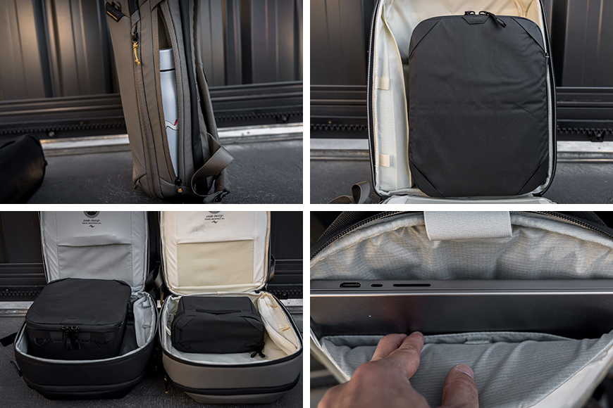 The bottle pocket takes up some space inside, but there's still room for a Smedium Camera Cube beside it. An XS Camera Cube fits with the bag unexpanded, while the Smedium requires the Travel Backpack to be expanded. In both configurations you'll fit a laptop and tablet too.