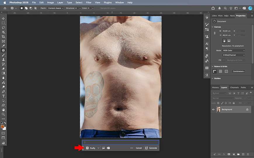 Screenshot of Adobe Photoshop 2024 showing an image of a shirtless man’s torso with a skull tattoo on his left side; the Firefly Generative Fill tool is selected.