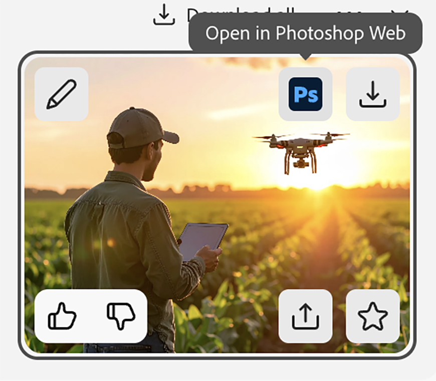 A person in a field operates a drone with a tablet at sunset; various digital interface icons overlay the image.