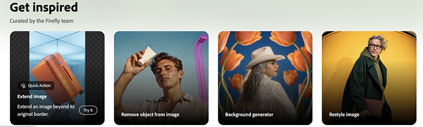Four image editing options are displayed: extend image, remove object, background generator, and restyle image, each shown with a sample photo and colorful background.