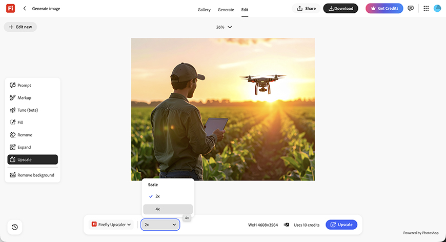 A person stands in a field at sunset, operating a drone with a tablet. The Adobe Photoshop interface shows upscaling options for the image.