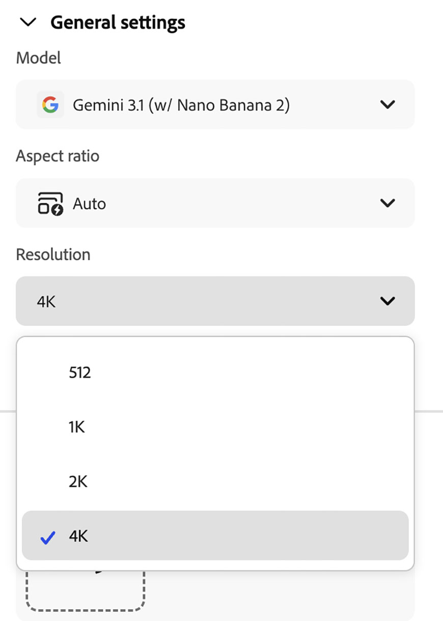 Screenshot of a settings menu showing model selection, aspect ratio set to Auto, and resolution dropdown with 4K selected among options 512, 1K, 2K, and 4K.