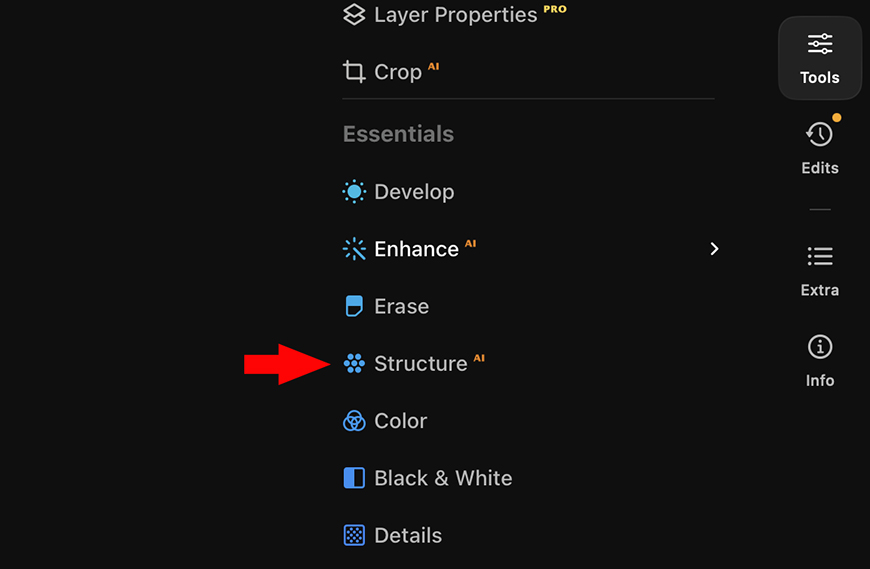 Editing software menu with options listed vertically; a red arrow points to the “Structure AI” option under the “Enhance AI” section.