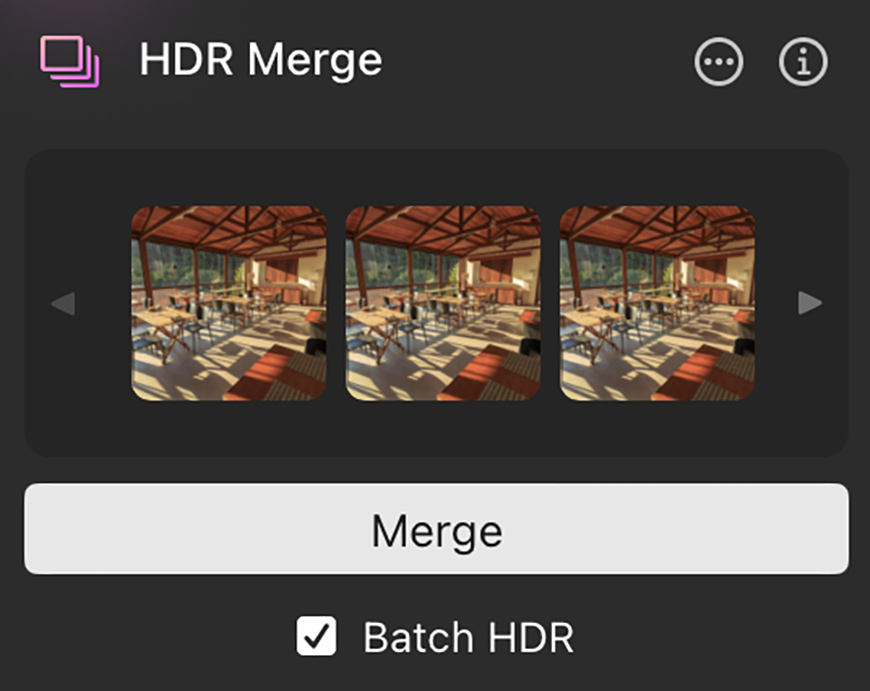 Screenshot of an HDR Merge editing tool showing three preview images of a sunlit indoor space with tables and chairs, plus Merge and Batch HDR options at the bottom.