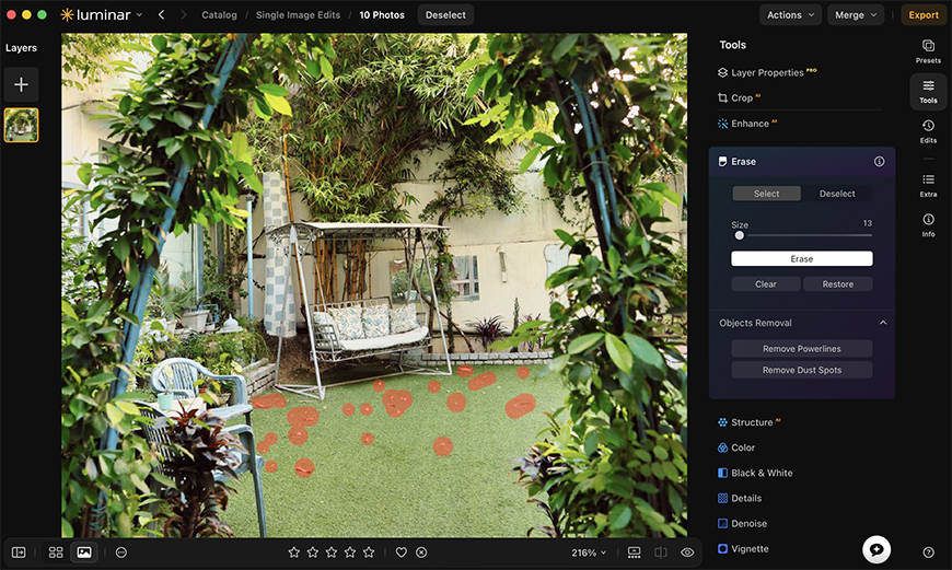 Screenshot of a photo editing program showing a garden scene with a swing; red spots mark areas selected for erasing using the software’s tool panel on the right.