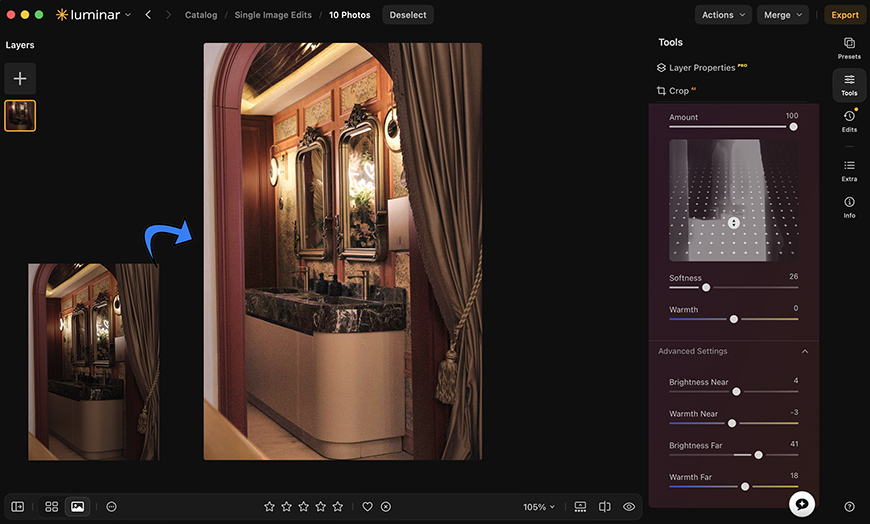 Photo editing software interface showing a bathroom image on the left and adjustment sliders for softness, warmth, and brightness on the right.