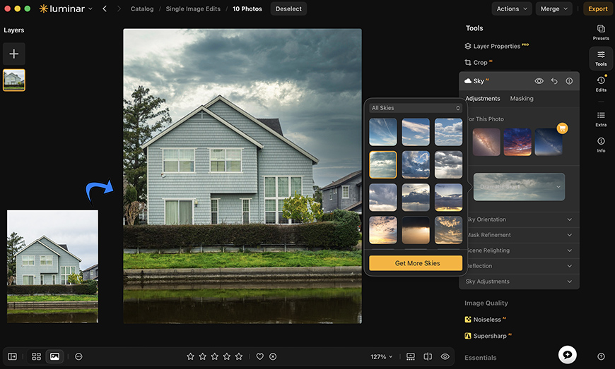 A photo editing software interface shows a house image being edited, with sky replacement options and various adjustment tools displayed on the right panel.