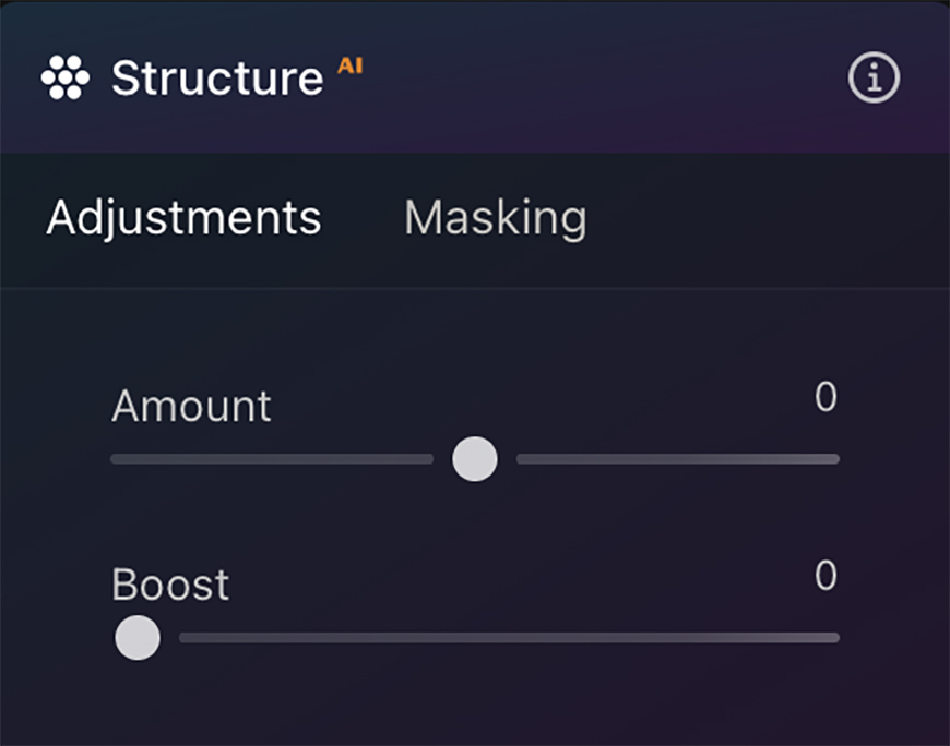 Screenshot of the Structure AI photo editing tool showing Amount and Boost sliders, both set to zero, under Adjustments and Masking tabs.