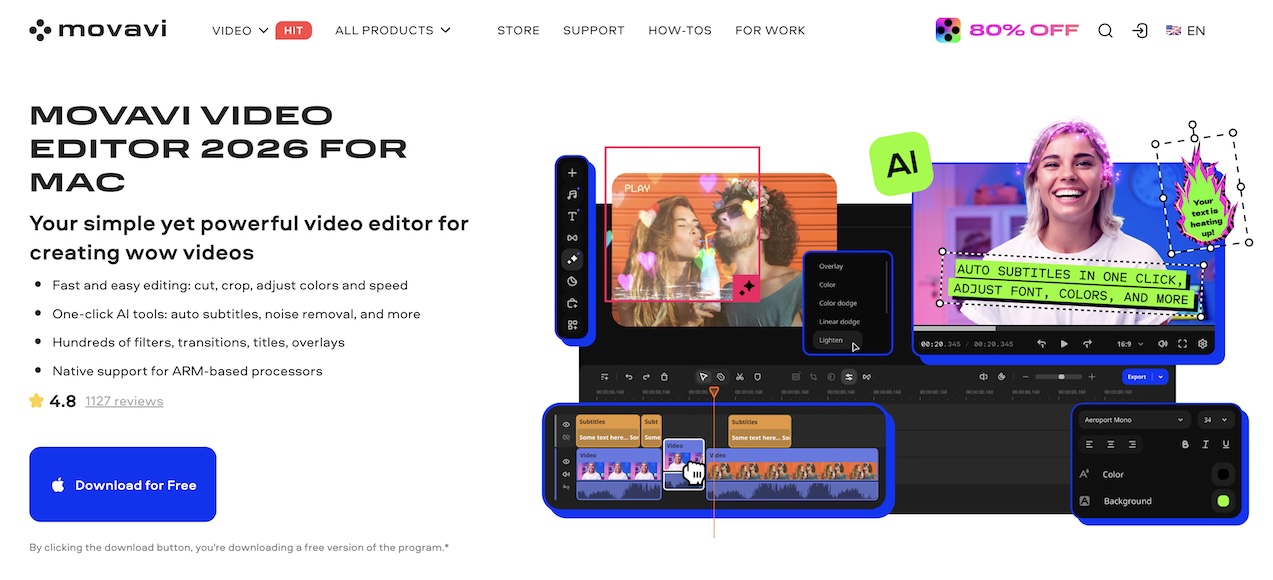 Screenshot of the Movavi Video Editor 2026 for Mac website showing editing features, user ratings, colorful graphics, and a call-to-action button to download the software for free.