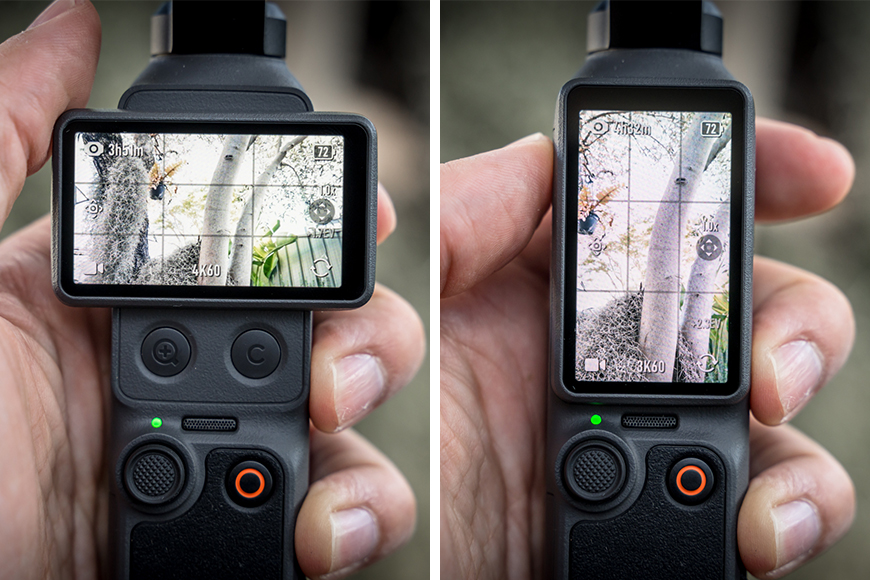 Landscape and Portrait orientation can be switched simply by rotating the Osmo Pocket 4's screen, if that option is enabled. Alternatively, you can manually lock the camera to either orientation regardless of how the screen is positioned.