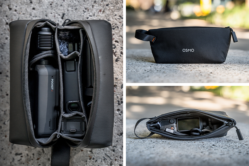 The Carrying Bag fits all of the accessories, while the included Pouch will fit the Osmo Pocket 4 with a couple of smaller items, such as the cables, Fill Light, or Mic.