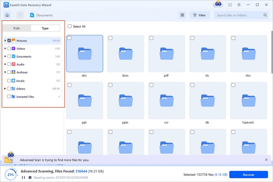 A data recovery software window displays file categories on the left and multiple document folder icons in the main panel. A scan progress bar appears at the bottom.