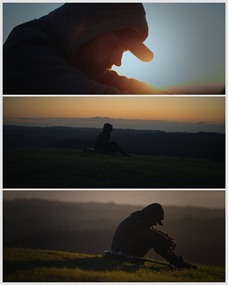Three photos show a person in a hood sitting alone outdoors at sunset, each image capturing contemplative, silhouetted poses against the horizon.