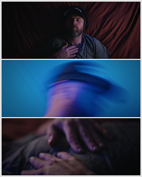 A man lies with his eyes closed, hand on chest. The middle panel shows his blurred face in motion. The bottom panel focuses on his hand resting on his chest.