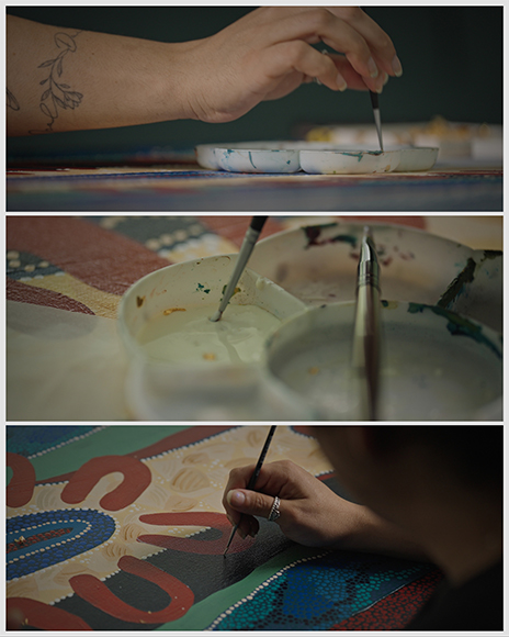 Three images show a person painting: dipping a brush in a palette, a palette with paint, and a hand painting details on a patterned artwork.