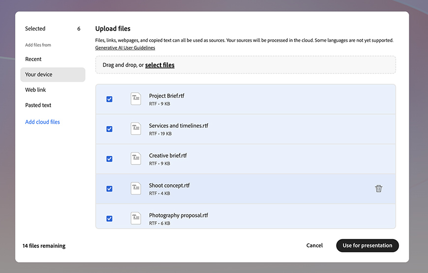Screenshot of a file upload interface showing five .rtf files selected for upload under the “Your device” tab, with options to add more files or use the selected files for a presentation.