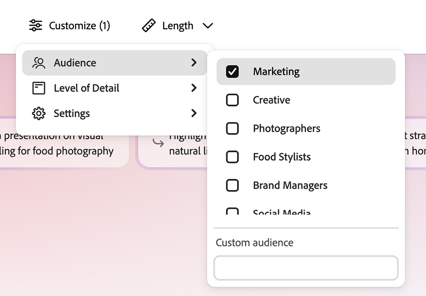 Dropdown menus show “Audience” options, with “Marketing” selected. Other options include Creative, Photographers, Food Stylists, Brand Managers, Social Media, and Custom audience.
