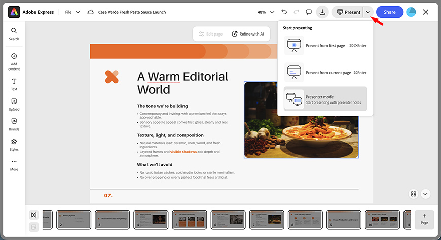 Screenshot of Adobe Express showing a presentation slide titled “A Warm Editorial World,” with the “Present” menu and sharing options visible at the top right.