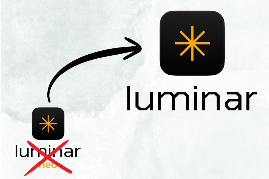 An arrow points from a crossed-out “luminar neo” logo to an updated “luminar” logo with a yellow asterisk icon.