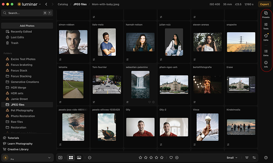 A photo editing software interface showing a gallery view of image thumbnails and editing preset options on the right sidebar.