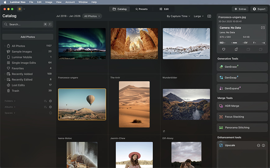 A photo catalog interface displays various landscape and portrait images with editing tools and photo details visible on the right sidebar.