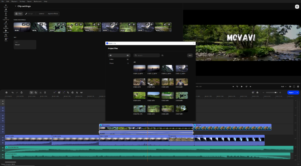 A video editing software interface displays multiple video and audio tracks, a media file browser window, and a preview screen showing the word “MCVAVI” over a river scene.