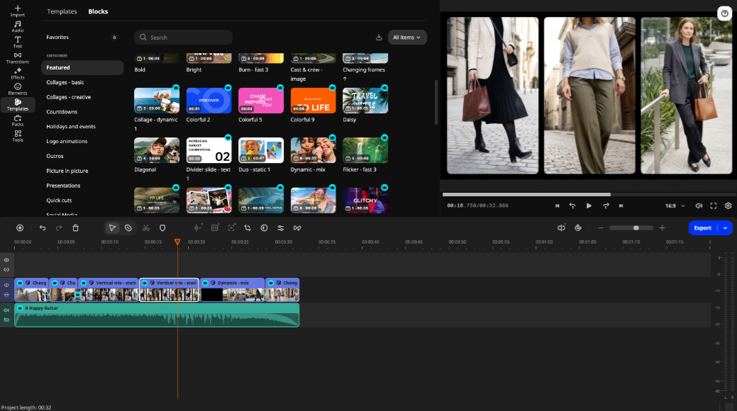 Video editing software interface with media blocks on the left, a video preview on the right, and a timeline with video and audio tracks at the bottom.