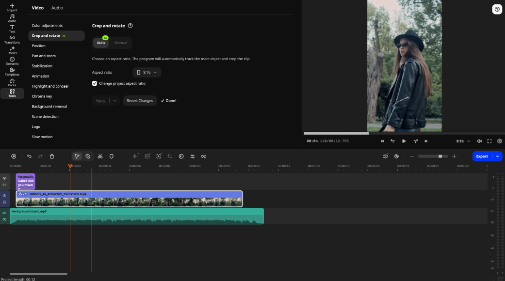 A video editing interface shows a video of a woman in sunglasses and a hat outdoors, with crop and rotate tools open and a music track below the video timeline.