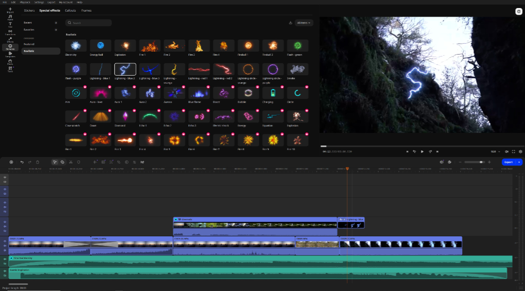 Video editing software interface showing various visual effects, a timeline with audio and video tracks, and a preview of lightning added to a rocky outdoor scene.