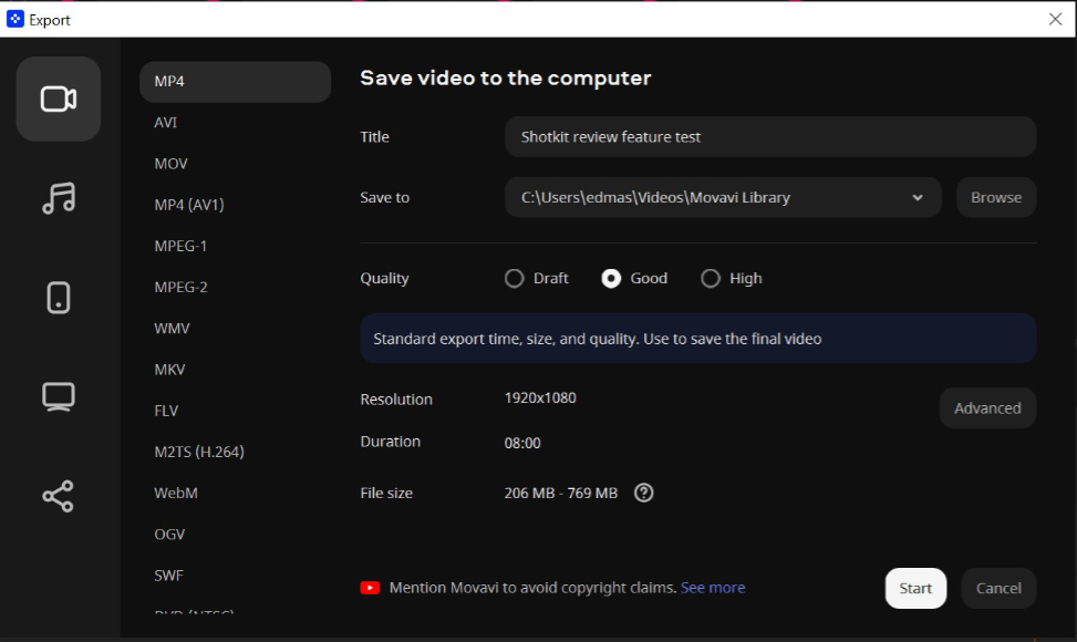 Screenshot of a video export window showing file format options, file location, quality settings, video resolution, duration, and file size, with a warning about copyright claims.