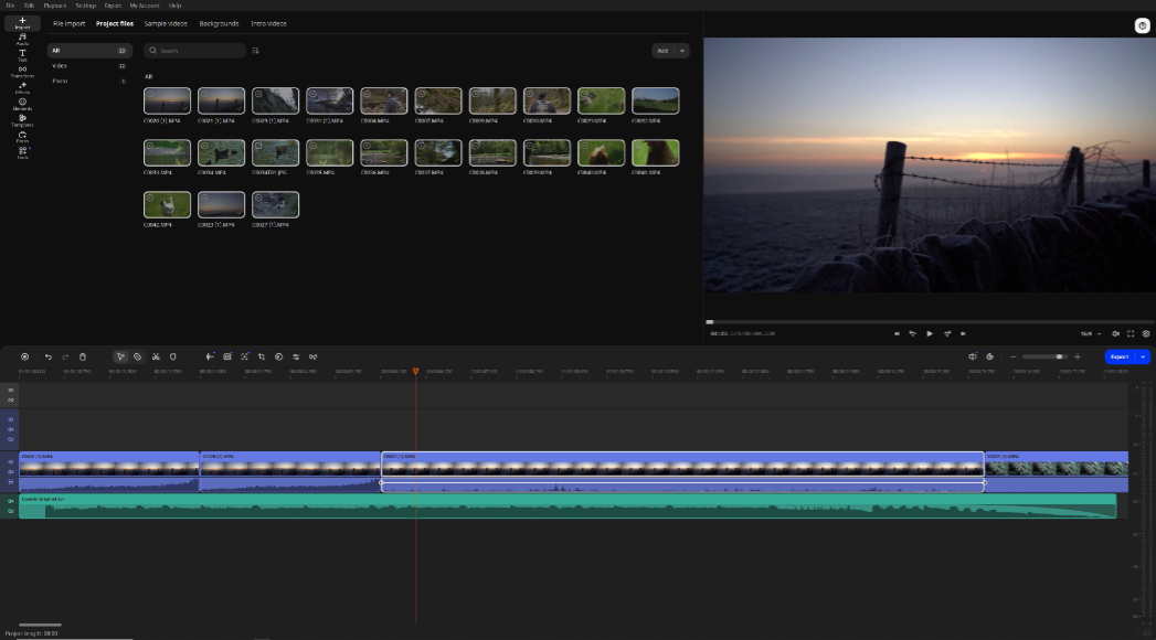 A video editing software interface displays a timeline, media library with video clips, a preview window showing a sunrise scene, and various editing tools.