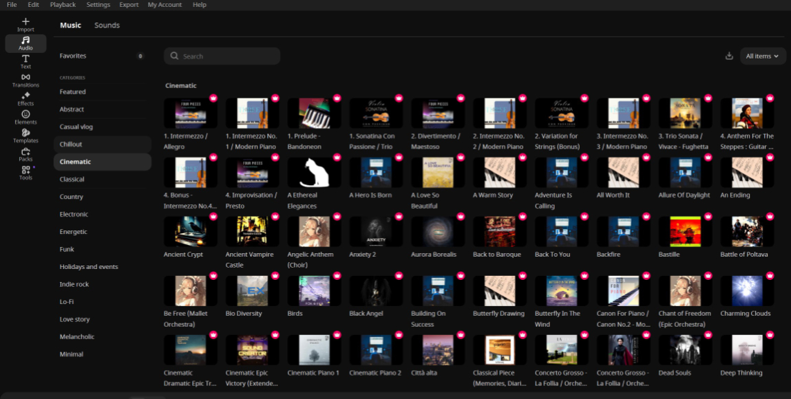 A computer screen displays a music library in grid view, showing various album covers organized under the “Cinematic” playlist category in a dark-themed interface.