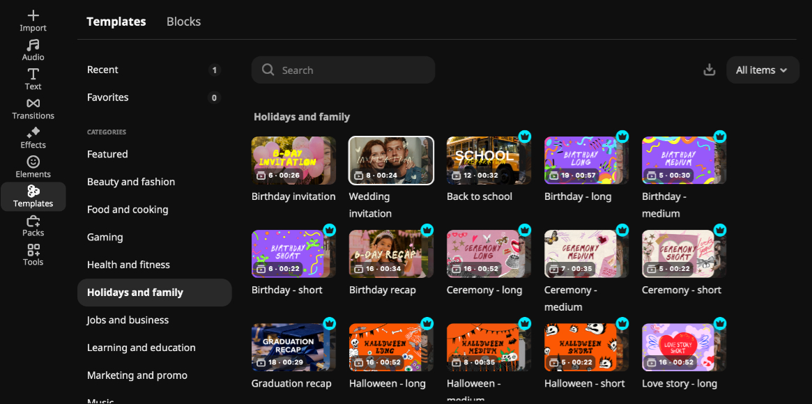 A screen showing various holiday and family video templates in a design software, with each template labeled by theme and video duration.