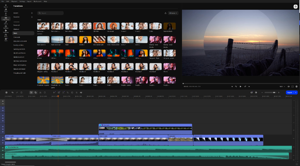 Video editing software interface showing various transitions, a preview of a sunset behind a fence, and a timeline with multiple audio and video tracks.