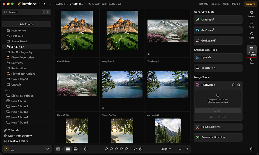 Screenshot of Luminar photo editing software showing a grid of landscape photos, editing tools on the right sidebar, and a left panel with photo albums and folders.