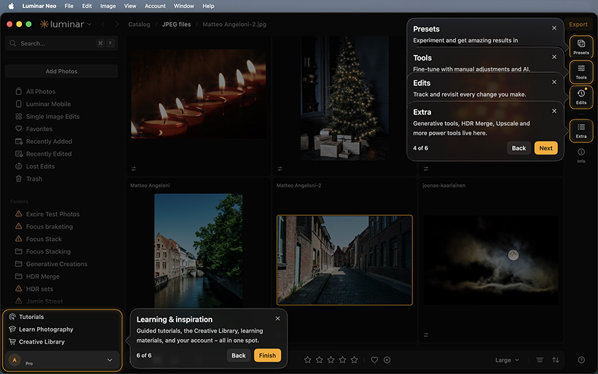Screenshot of a photo editing software interface showing image thumbnails, export options, presets, tools, and tutorial tips highlighted on the dark workspace.