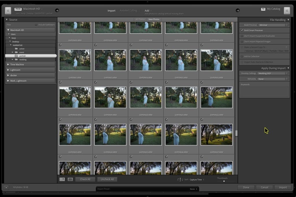 A computer screen displays Adobe Lightroom’s import window with multiple thumbnails of a person in a white dress standing outdoors among trees.