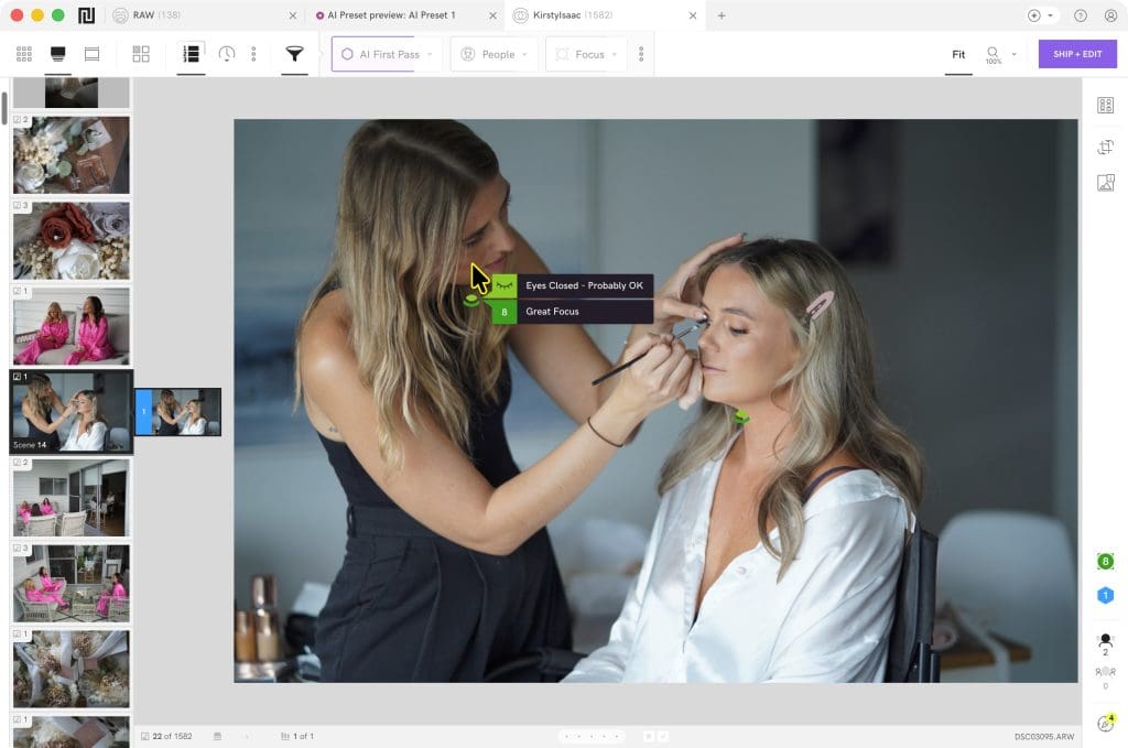 A makeup artist applies eye makeup to a seated woman in a white robe, in a photo editing software window displaying multiple image thumbnails on the left sidebar.