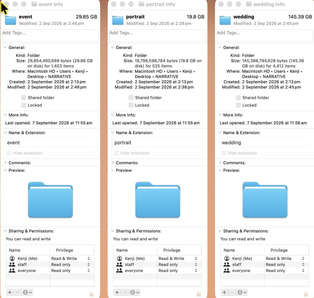 Three computer info panels show folders named “event,” “portrait,” and “wedding,” each displaying size, location, creation details, and user sharing permissions for staff and everyone.