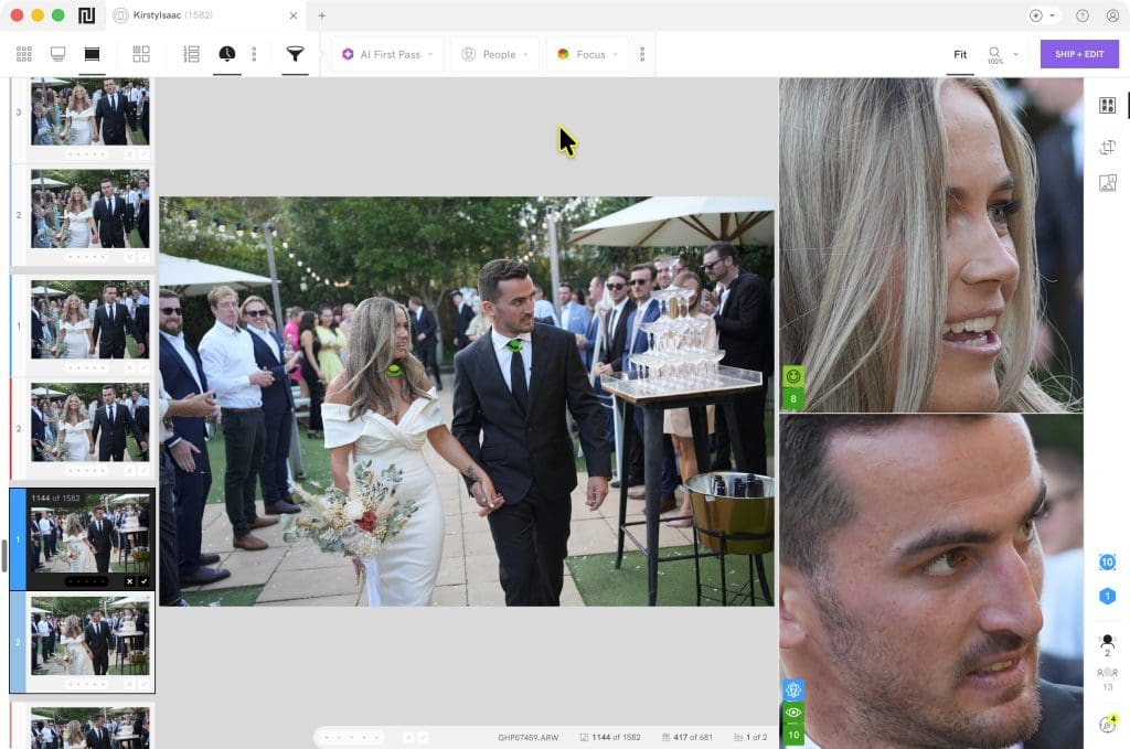 A couple in wedding attire walks past guests outdoors; to the right are close-up images of two people’s faces.