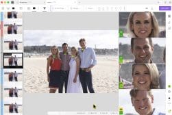 A photo editing software screen shows a group of five adults posing on a beach, with close-ups of four faces displayed on the right and thumbnail previews on the left.