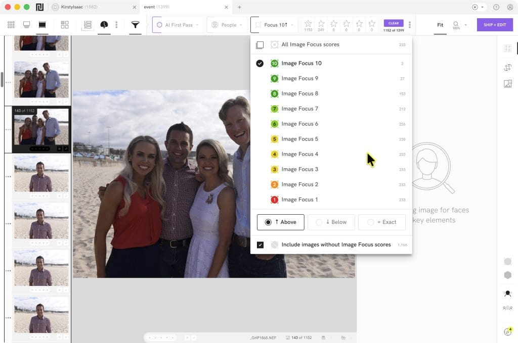 A group of four people stand smiling on a beach; photo editing software with image focus scores is open in the foreground.