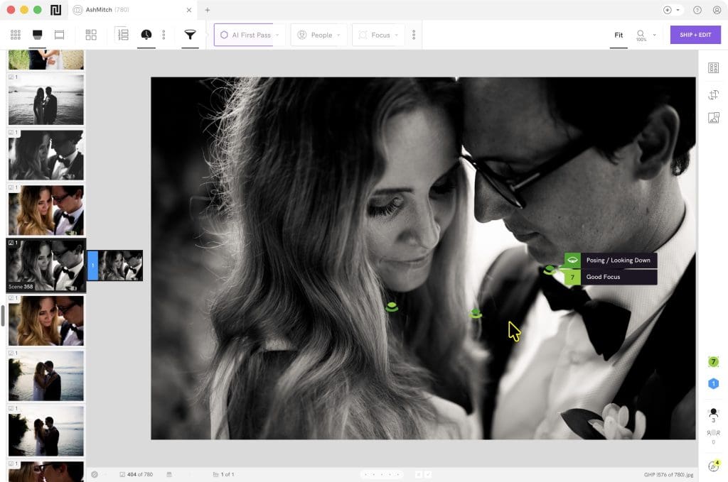 Photo editing software interface showing a black and white close-up of a couple in formal attire, with editing tools and image thumbnails visible on the left side.