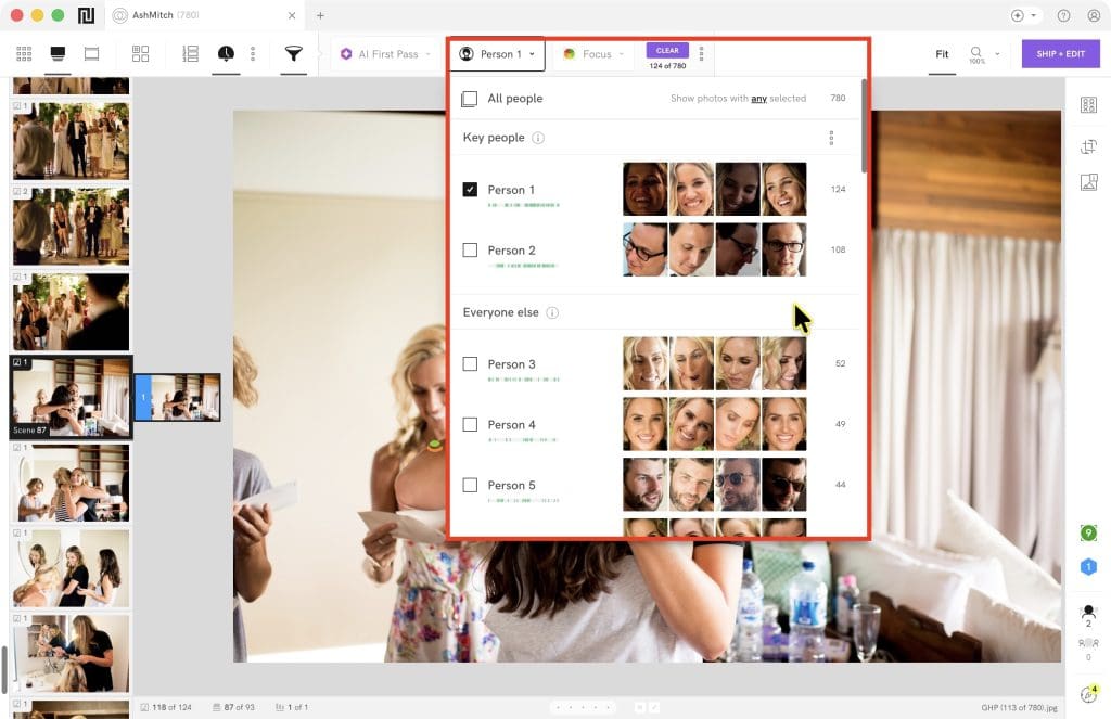 Screenshot of photo management software with a “People” panel open, displaying grouped faces for sorting and labeling individuals within a collection of event images.