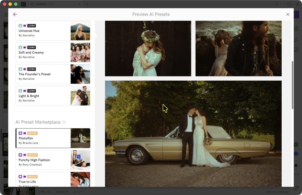 A computer screen displays a photo editing application with AI photo presets on the left and wedding-themed images on the right.