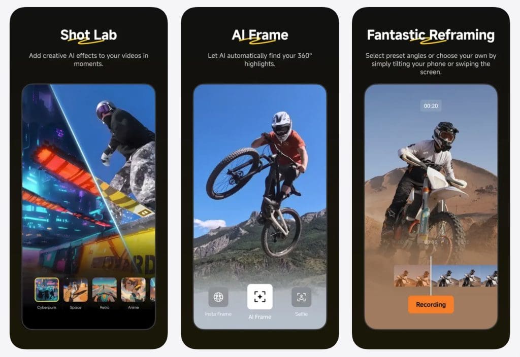 Three smartphone screens demonstrating video editing features: Shot Lab, AI Frame, and Fantastic Reframing.