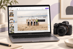 A MacBook Pro displaying a photo editing app with a beach group photo on screen sits beside a Sony camera on a beige desk.
