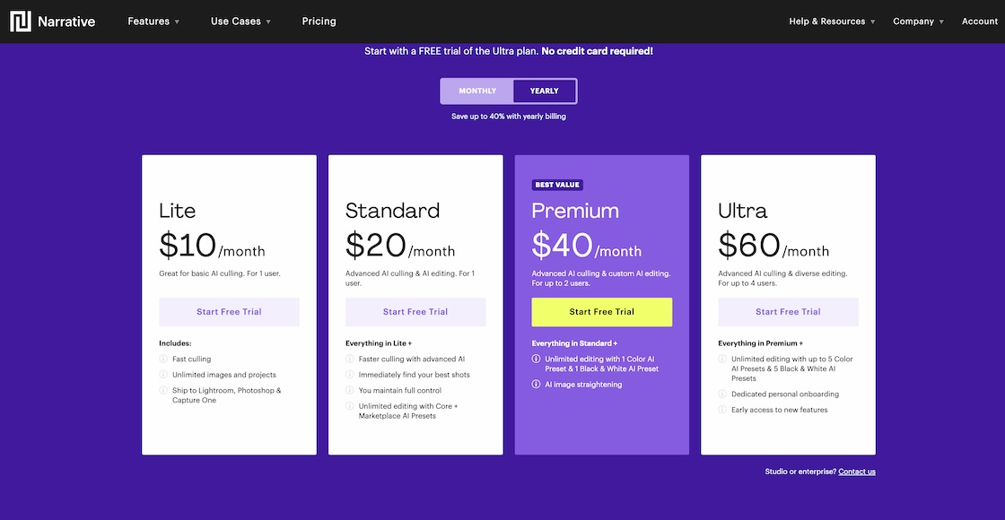 Narrative pricing table showing four plans: Lite $10, Standard $20, Premium $40, and Ultra $60 per month, each with a list of included features and a free trial button.